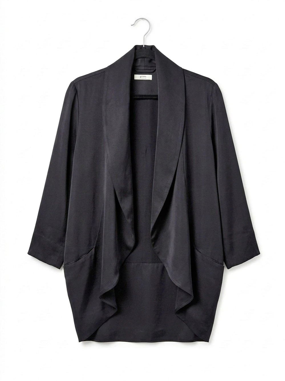 Grana 100% Chinese Silk Open Front Draped Black Cocoon Blazer Jacket - Medium